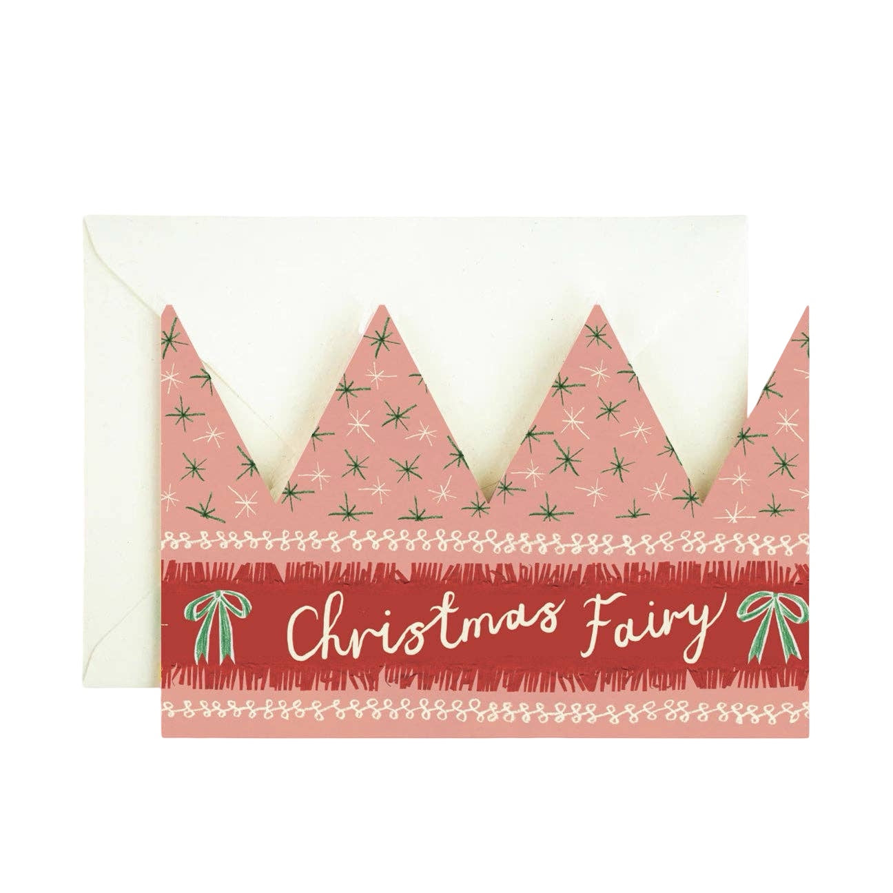 A pink Christmas crown-shaped card with the text 'Christmas Fairy'. 