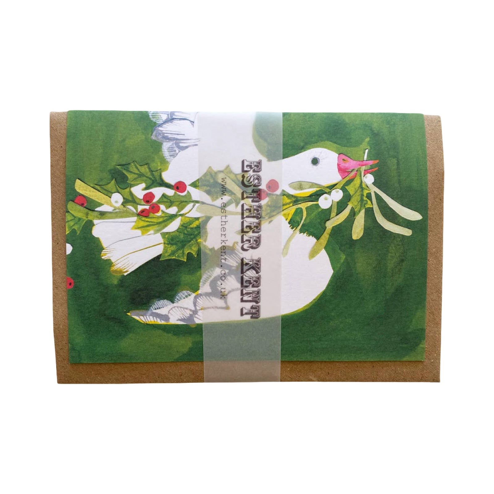 A card with a green illustrated label showing a white bird holding mistletoe, wrapped with a clear tape band.