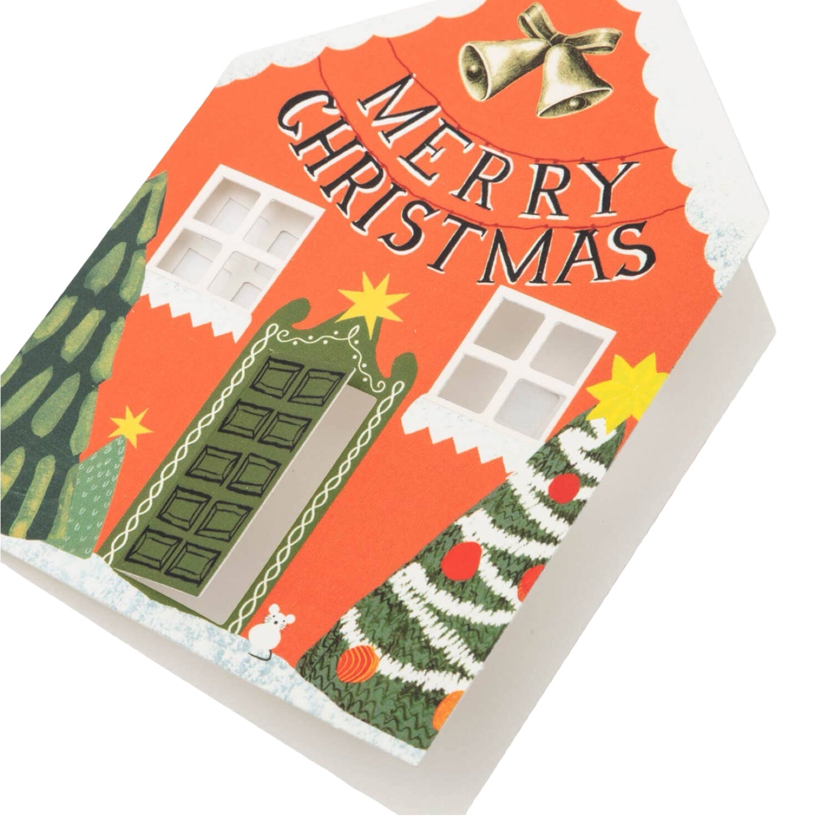 Decorative house-shaped card with 'Merry Christmas' text and festive elements on a white background.
