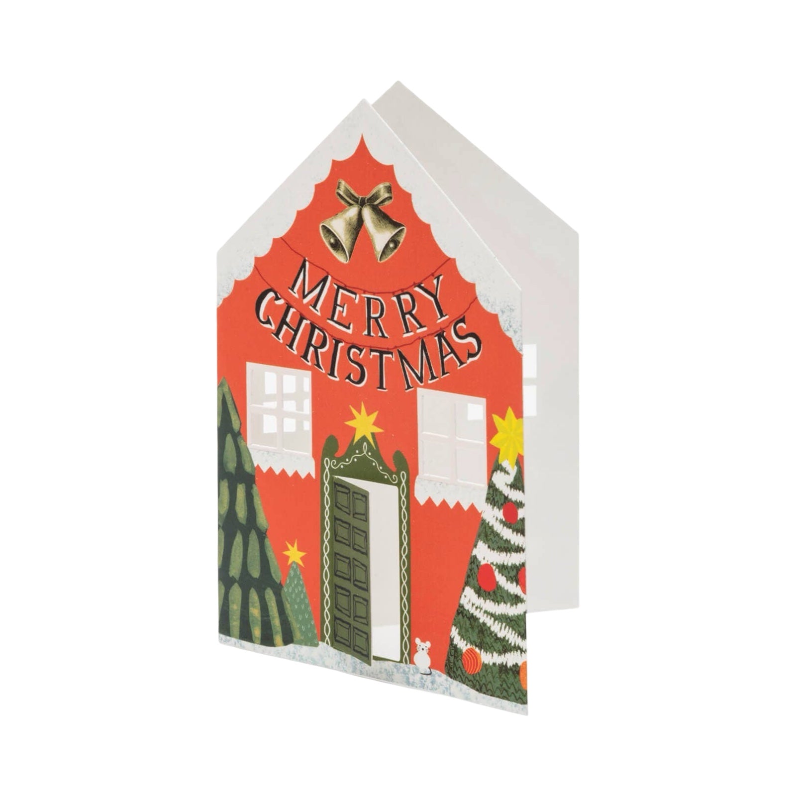Decorative house-shaped card with 'Merry Christmas' text and festive elements on a white background.