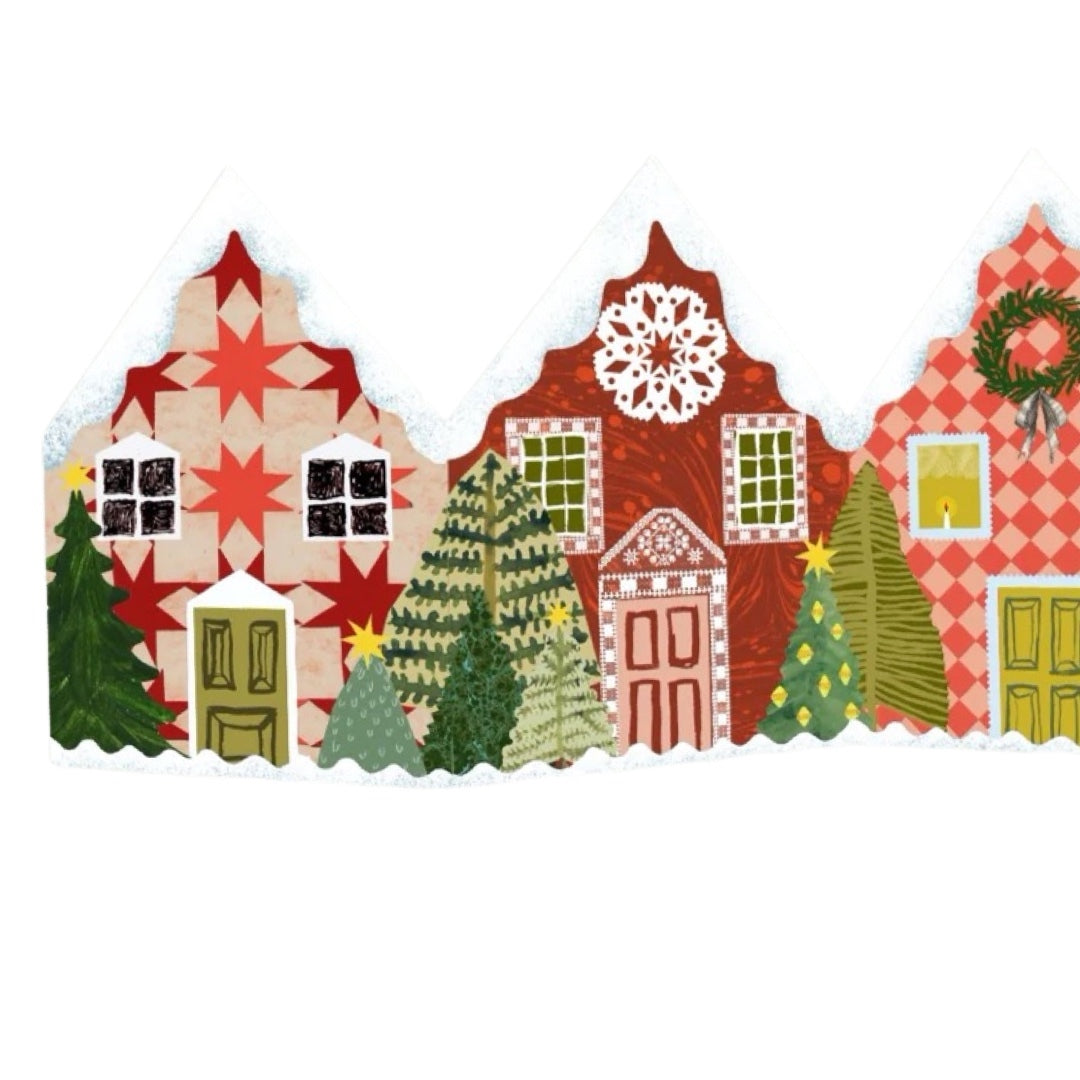 The start of a Christmas houses concertina card showing 2 red patterned townhouses with Christmas trees outside and snow on the roofs.