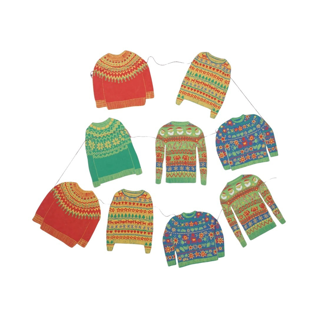 Christmas jumpers paper garland, featuring nine screen printed Christmas jumpers in red, green and blue patterns,