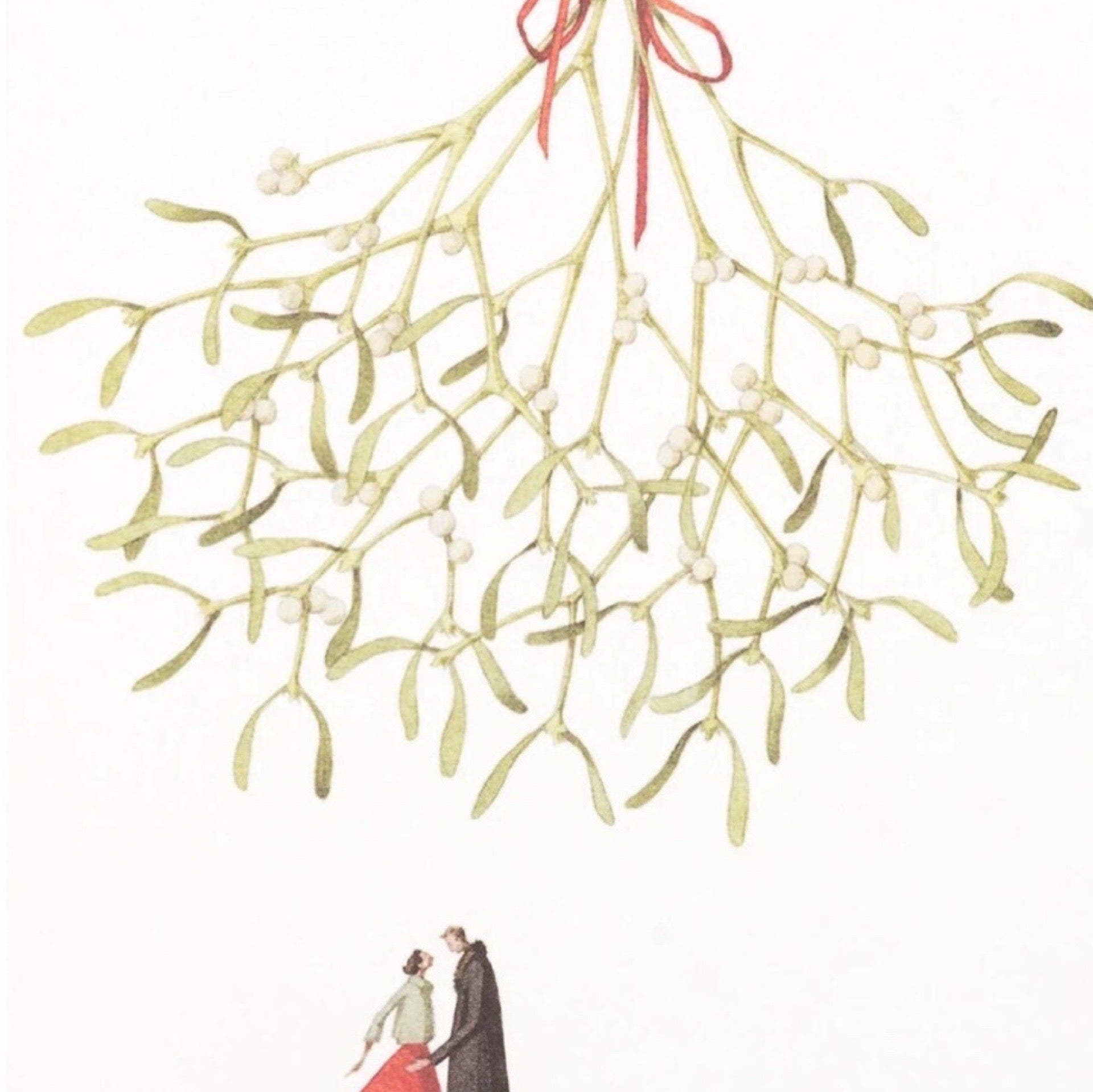 Decorative mistletoe branch with a couple underneath on a white background.