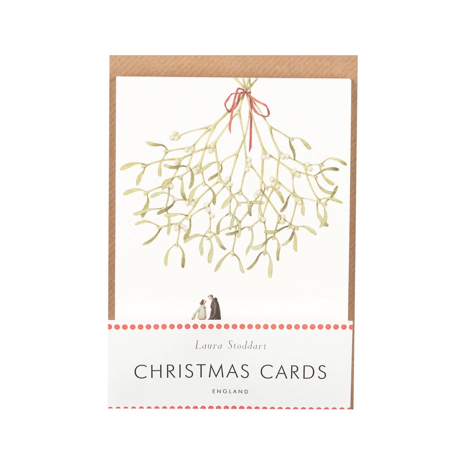 Christmas card pack containing 10 Christmas cards featuring a lady in a red skirt and white shirt kissing a man in a black jacket underneath a giant bunch of mistletoe