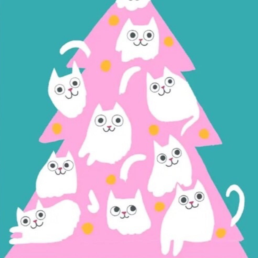 Pink Christmas tree with white cats on a teal background.