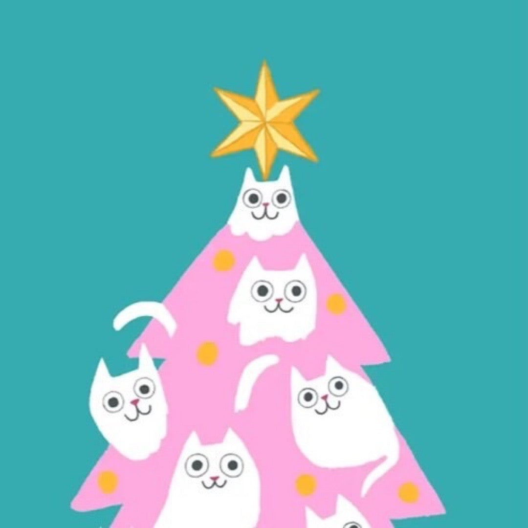 Pink Christmas tree with white cats and a yellow star on a teal background.
