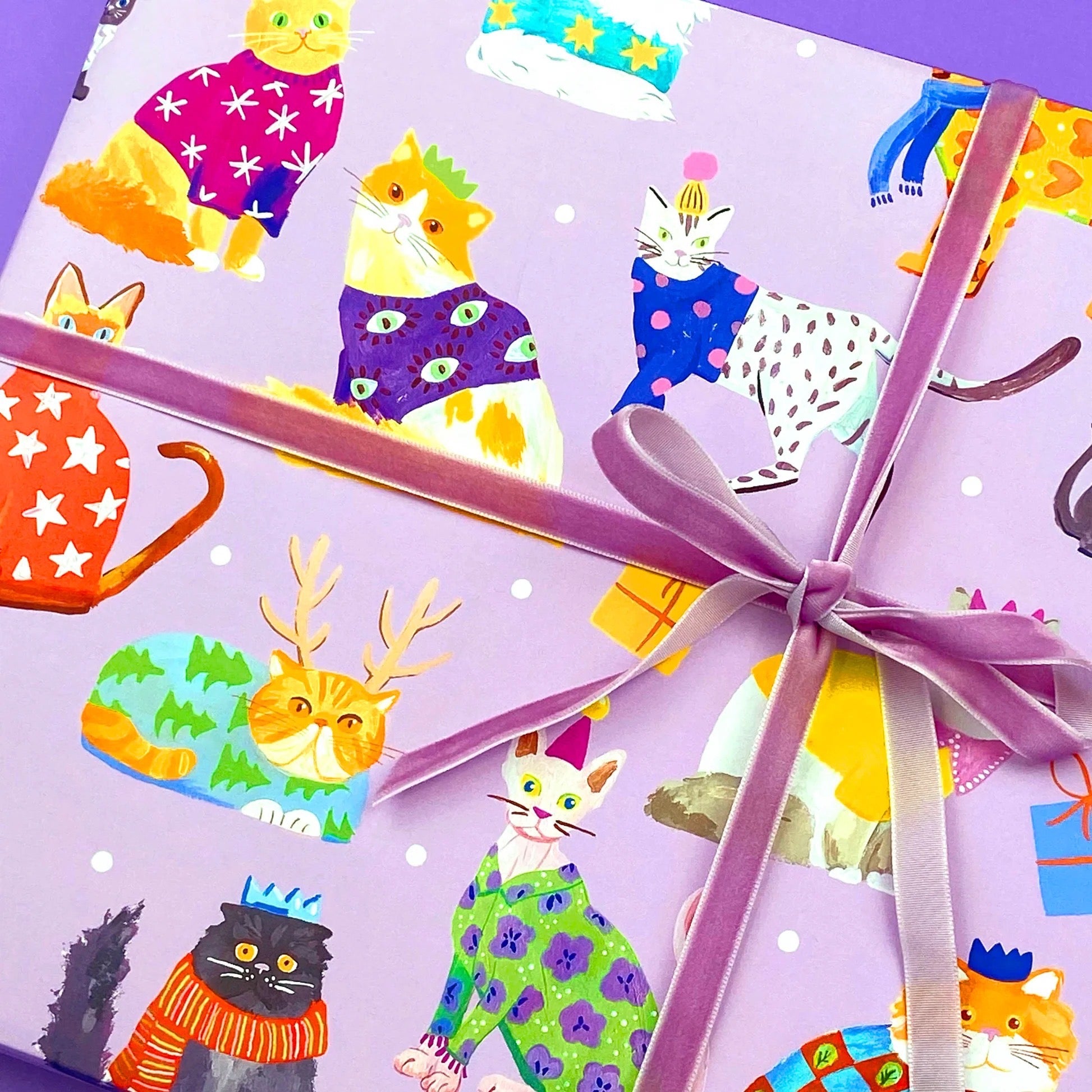 Close up of a present wrapped in purple cats wearing Christmas jumpers, with a purple ribbon on a purple background.