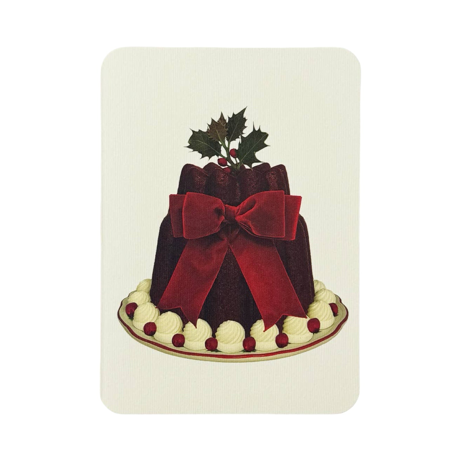 This Christmas card features an illustration of a delicious looking Christmas pudding tied with a giant red bow.