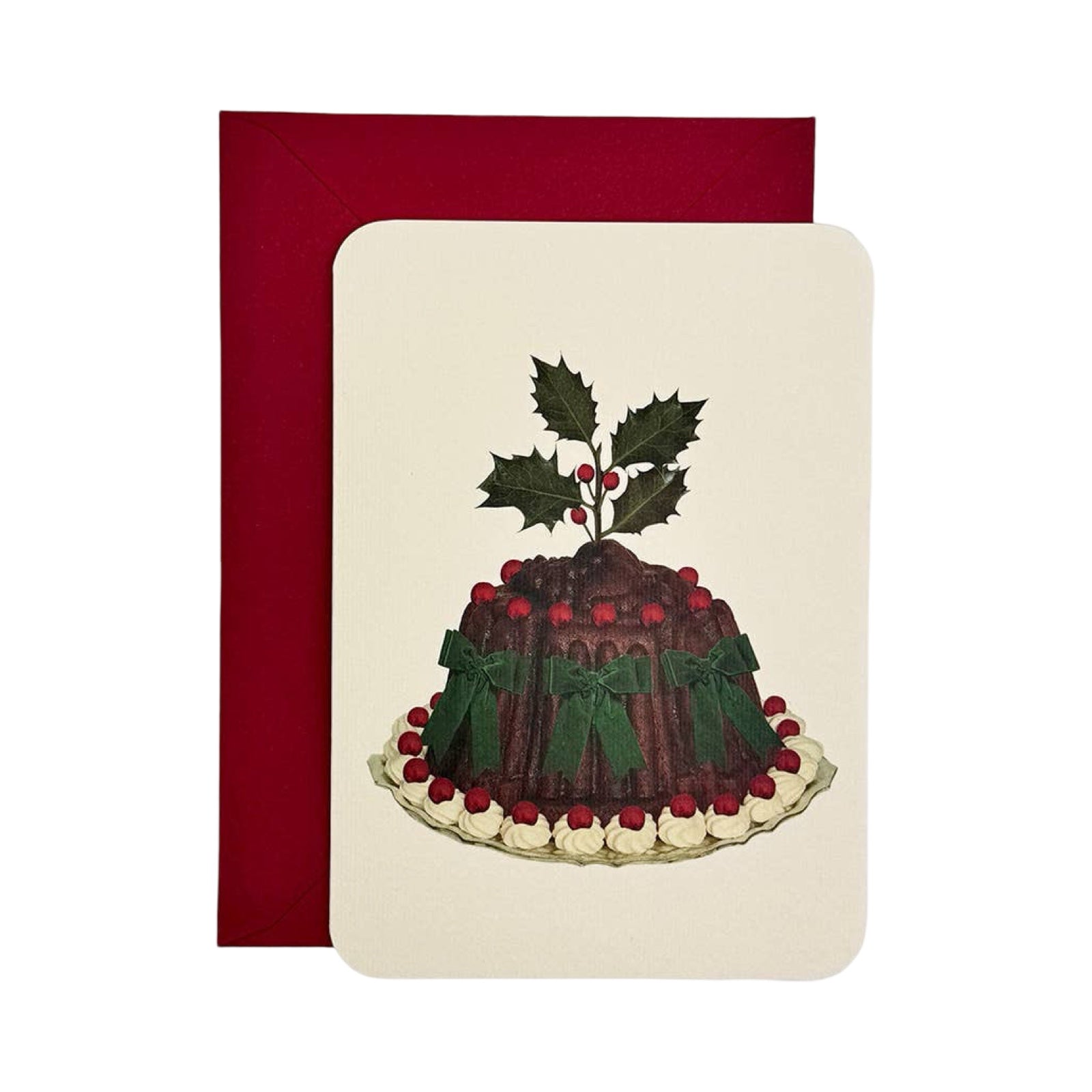 Greeting card with a Christmas pudding design on a white background.