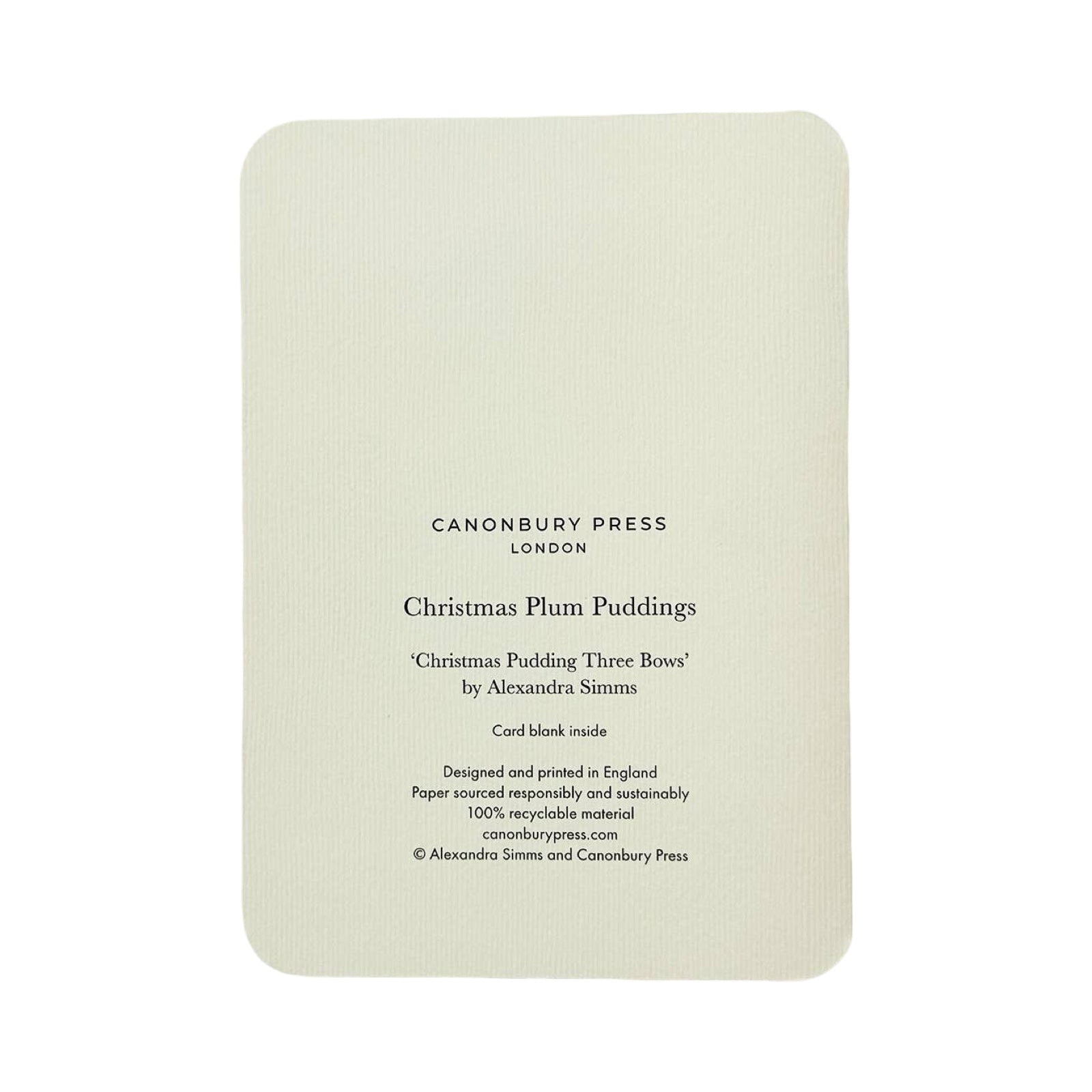 Card with text about Christmas Plum Puddings by Canonbury Press on a white background.