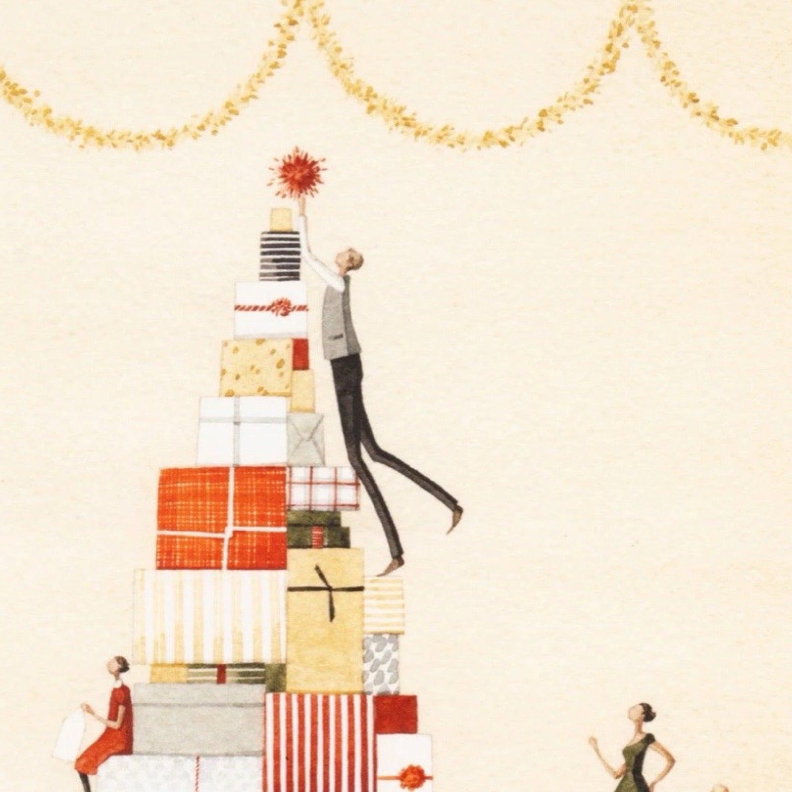 Illustration of a man reaching for a star above a pile of presents on a beige background.