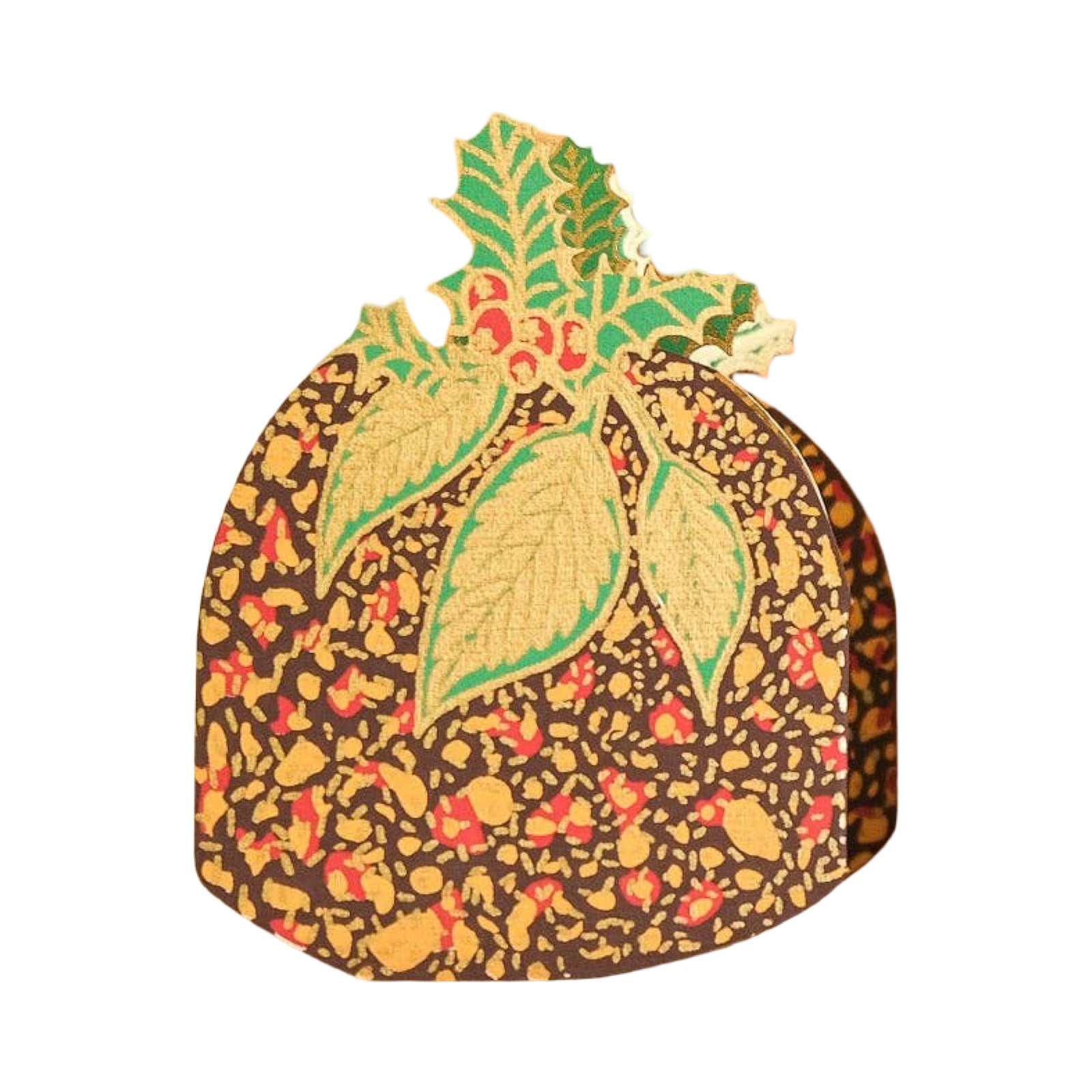 A decorative Christmas pudding card with a brown base covered in a gold and red floral pattern, topped with green holly leaves and red berries on a white background.