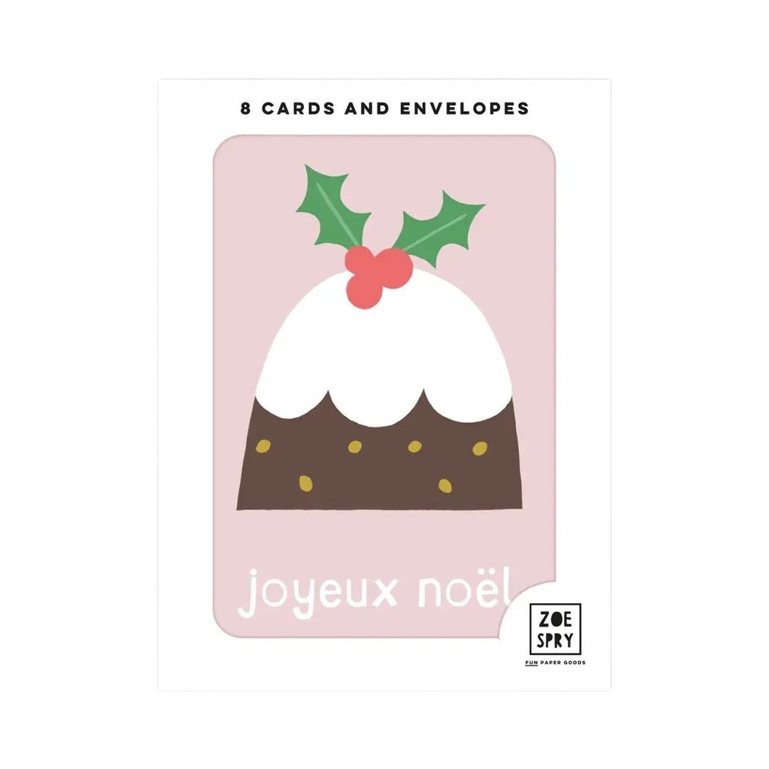 Pack of 8 mini Christmas cards featuring an illustration of a large Christmas pudding with holly and berries on top against a pale pink background and the text 'Joyeux Noel' written underneath