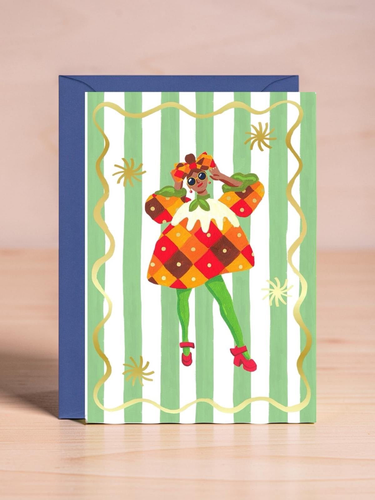Colourful greeting card with a cartoon character on a striped background.