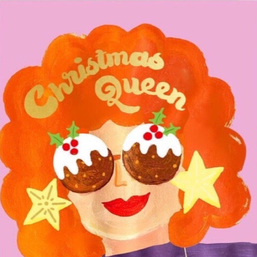 Illustration of a woman with red hair wearing Christmas pudding sunglasses on a pink background.