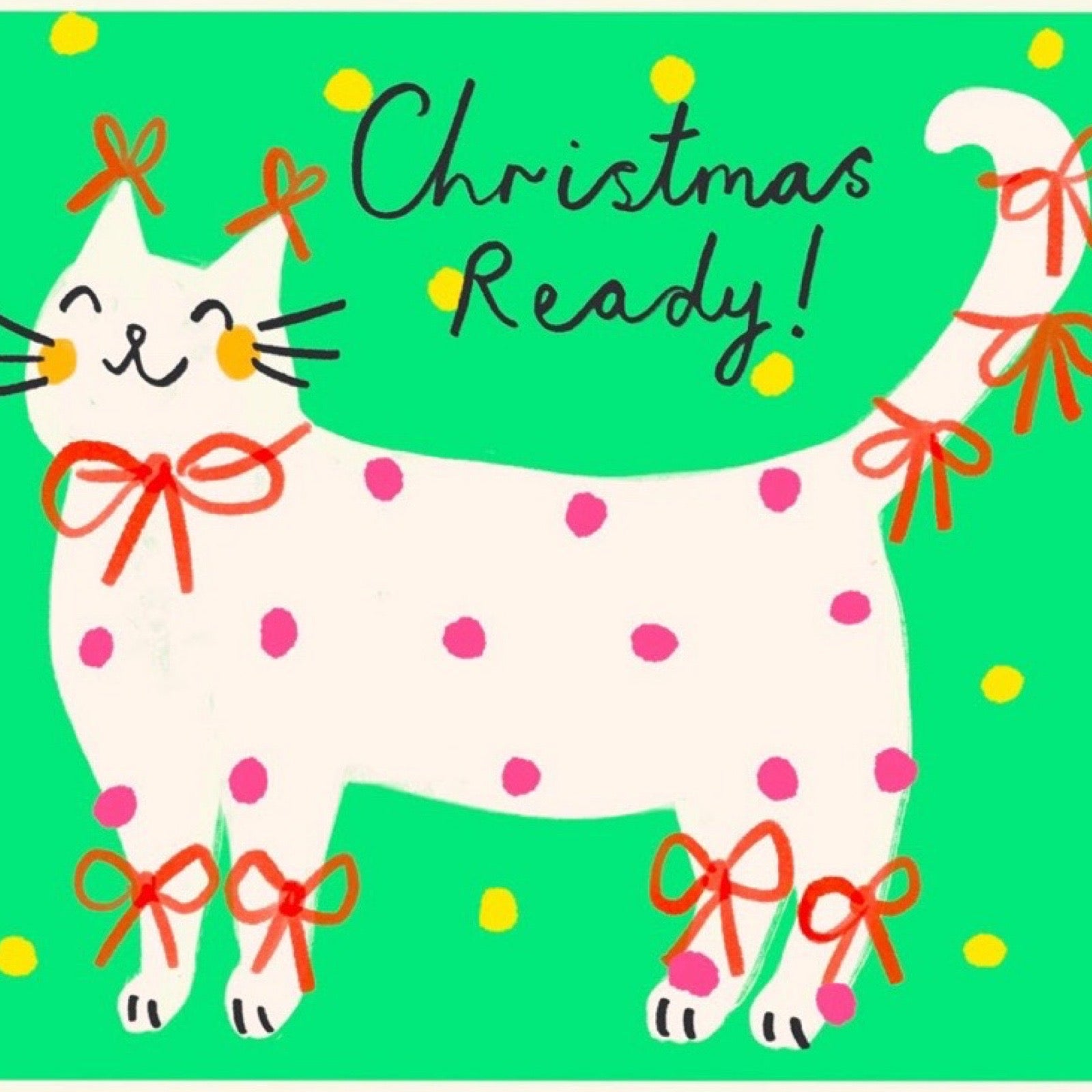 Christmas-themed card with a cat illustration and 'Christmas Ready!' text on a green background.