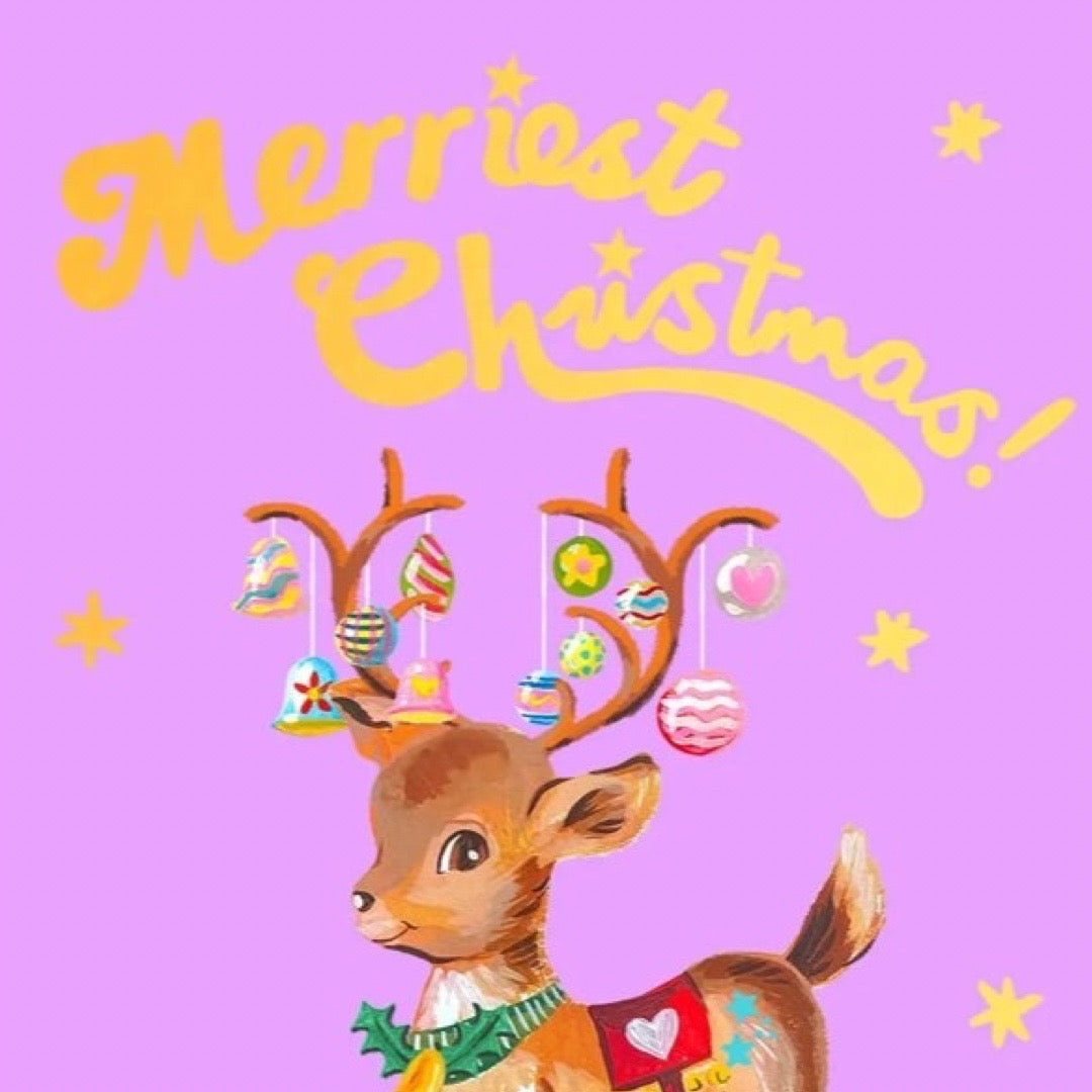 Deer with Christmas ornaments on antlers against a purple background with 'Merriest Christmas!' text.