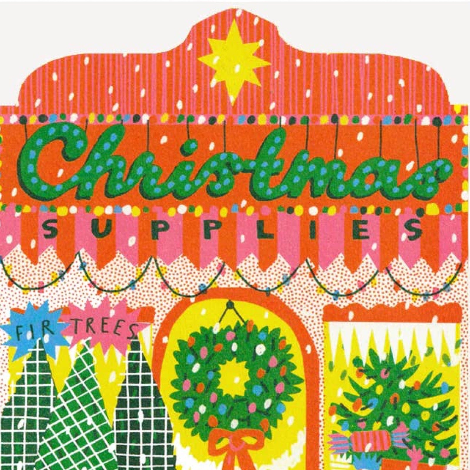 A colourful illustrated storefront sign reading 'Christmas Supplies' with festive graphics including a star, string lights, wreath, fir trees, and gift boxes on a white background.