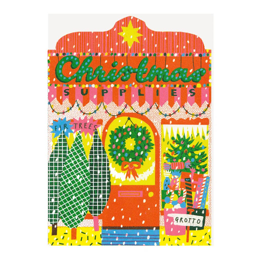 Colourful card of a Christmas store front with various holiday items.