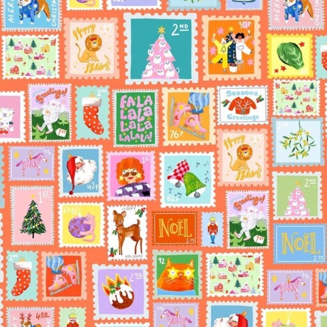 Pattern of colourful postage stamps with festive designs on a red background.