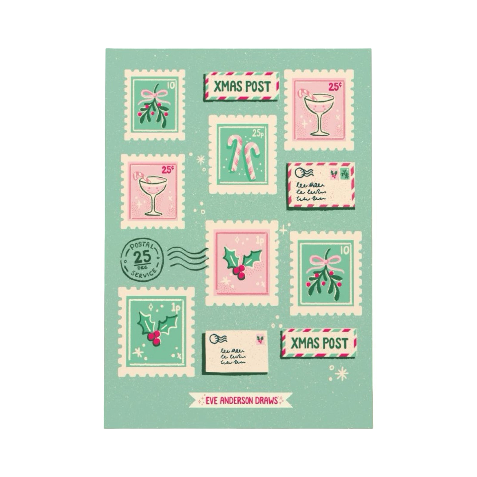 Christmas-themed sticker sheet featuring 11 individual stickers including Christmas stamps, letters and Xmas post.