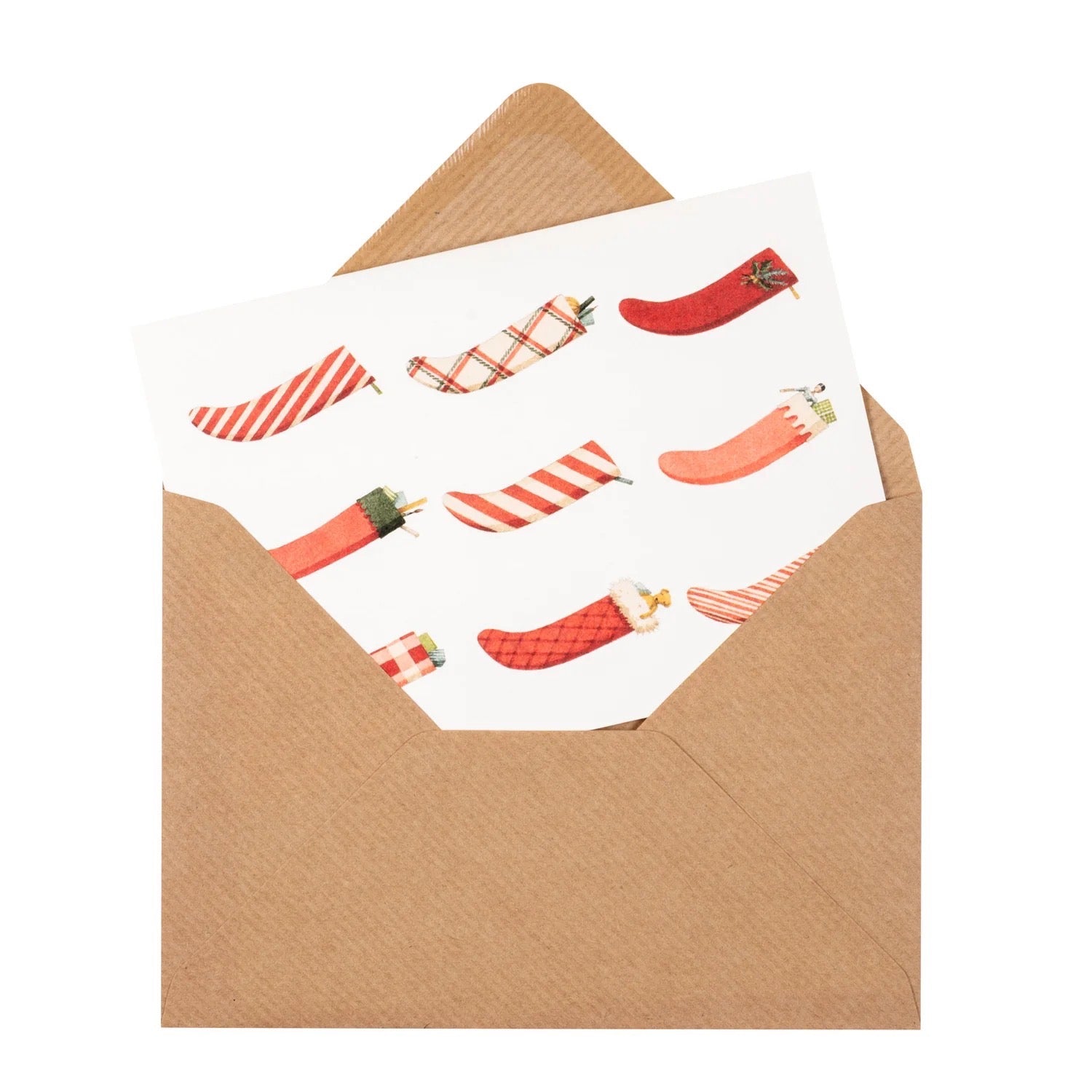 Envelopes with Christmas stockings on a white background.