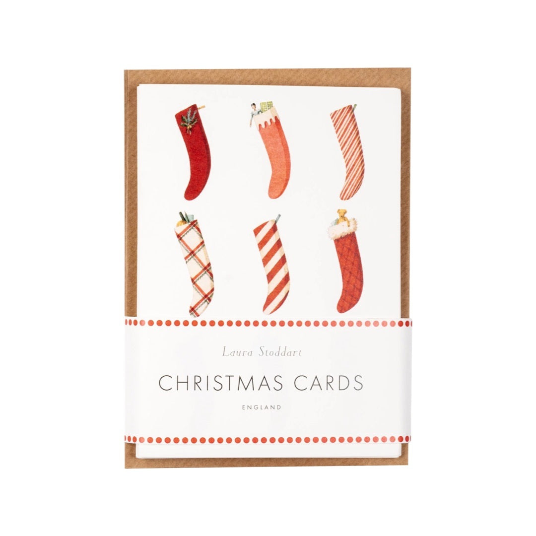Pack of 10 Christmas stockings cards, with nine different stockings.