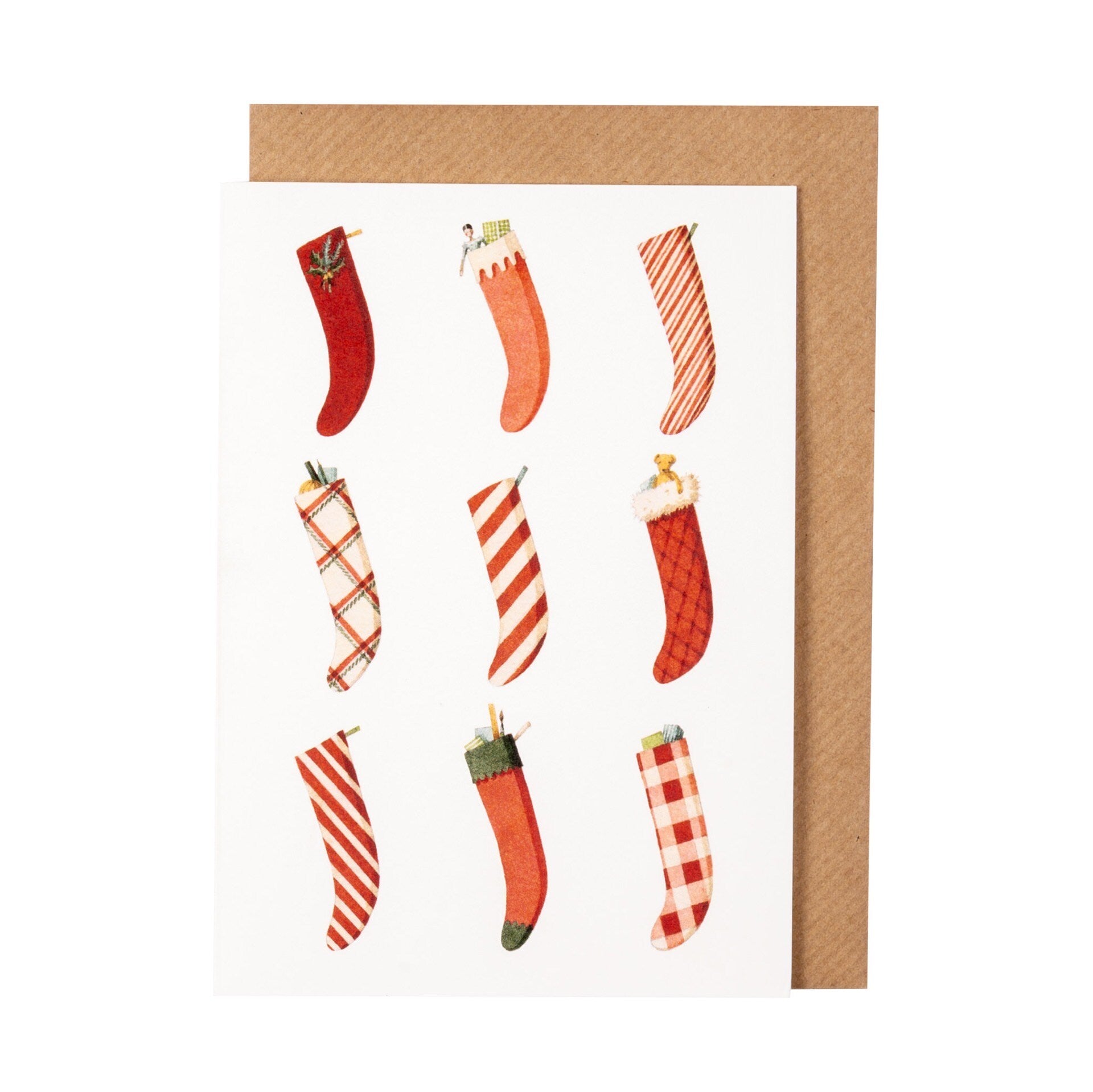 Christmas stockings card featuring 9 Christmas stockings in different red designs.