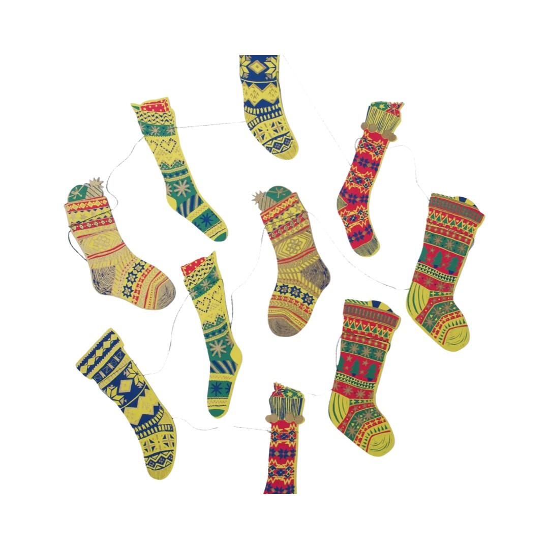 Festive stockings garland, featuring ten screen-printed Christmas Stockings in gold, green, red and blue patterns.