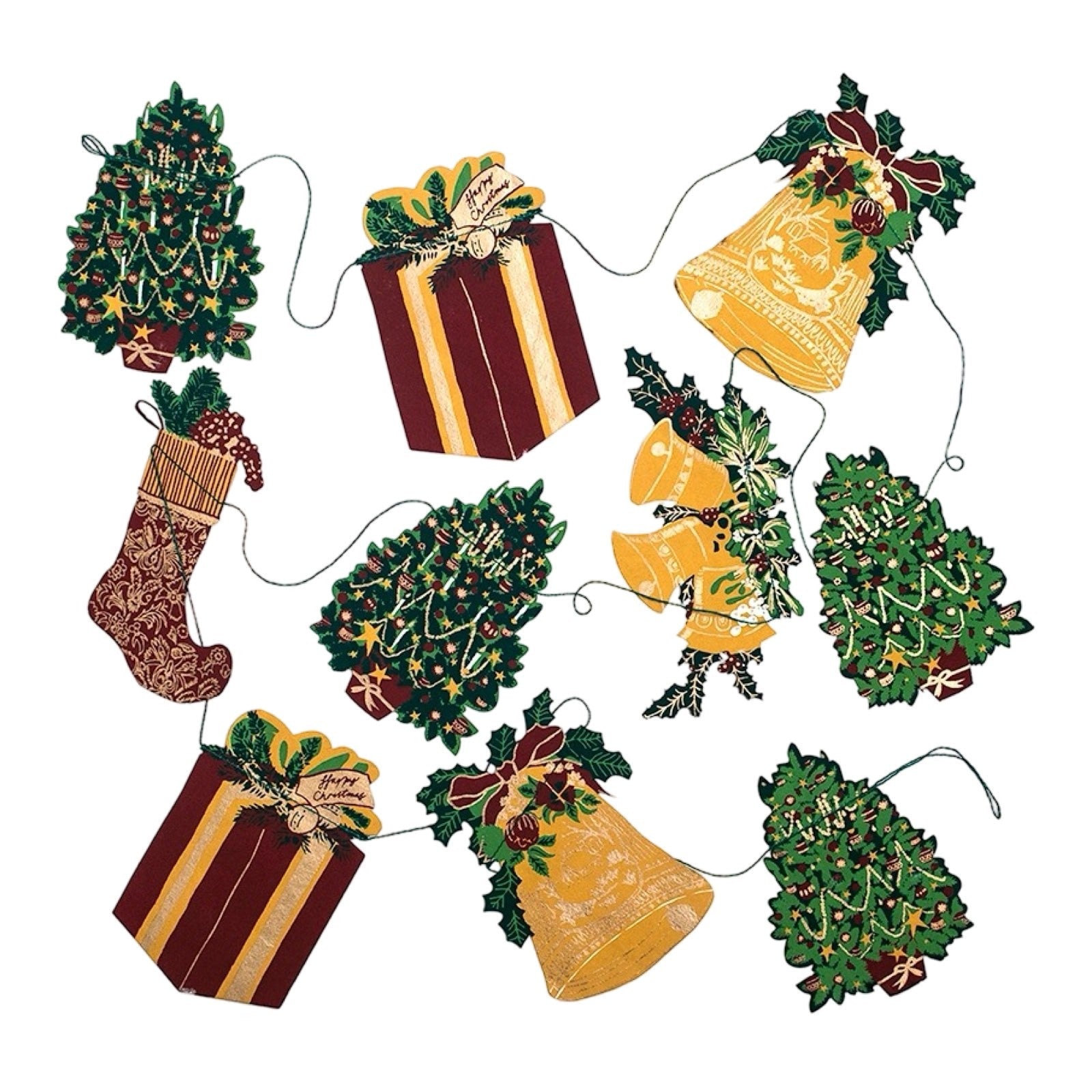 Traditional Christmas paper garland, featuring ten screen-printed Christmas trees, bells, stockings and presents.