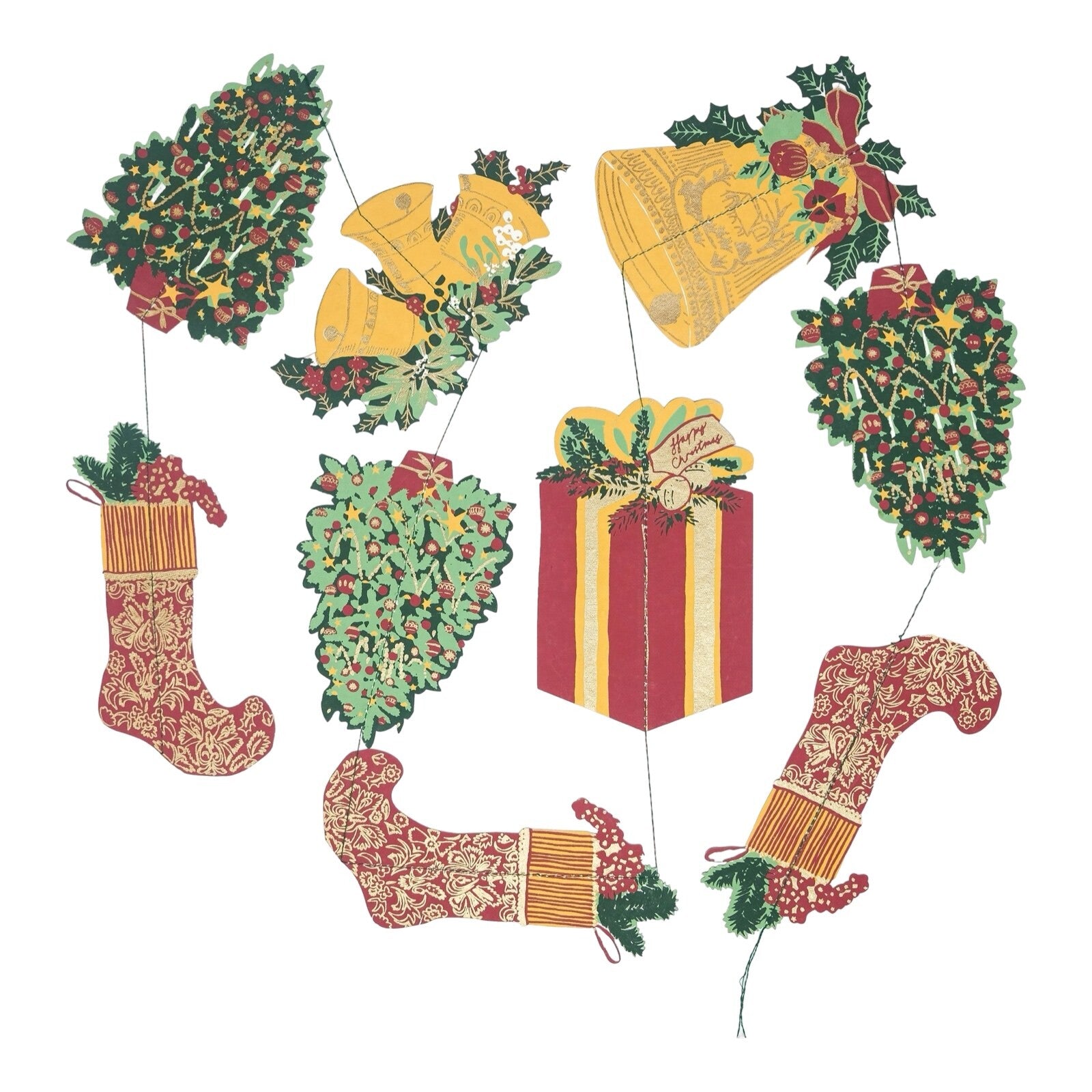 Christmas traditional garland, featuring nine screen-printed Christmas trees, bells, stockings and presents.