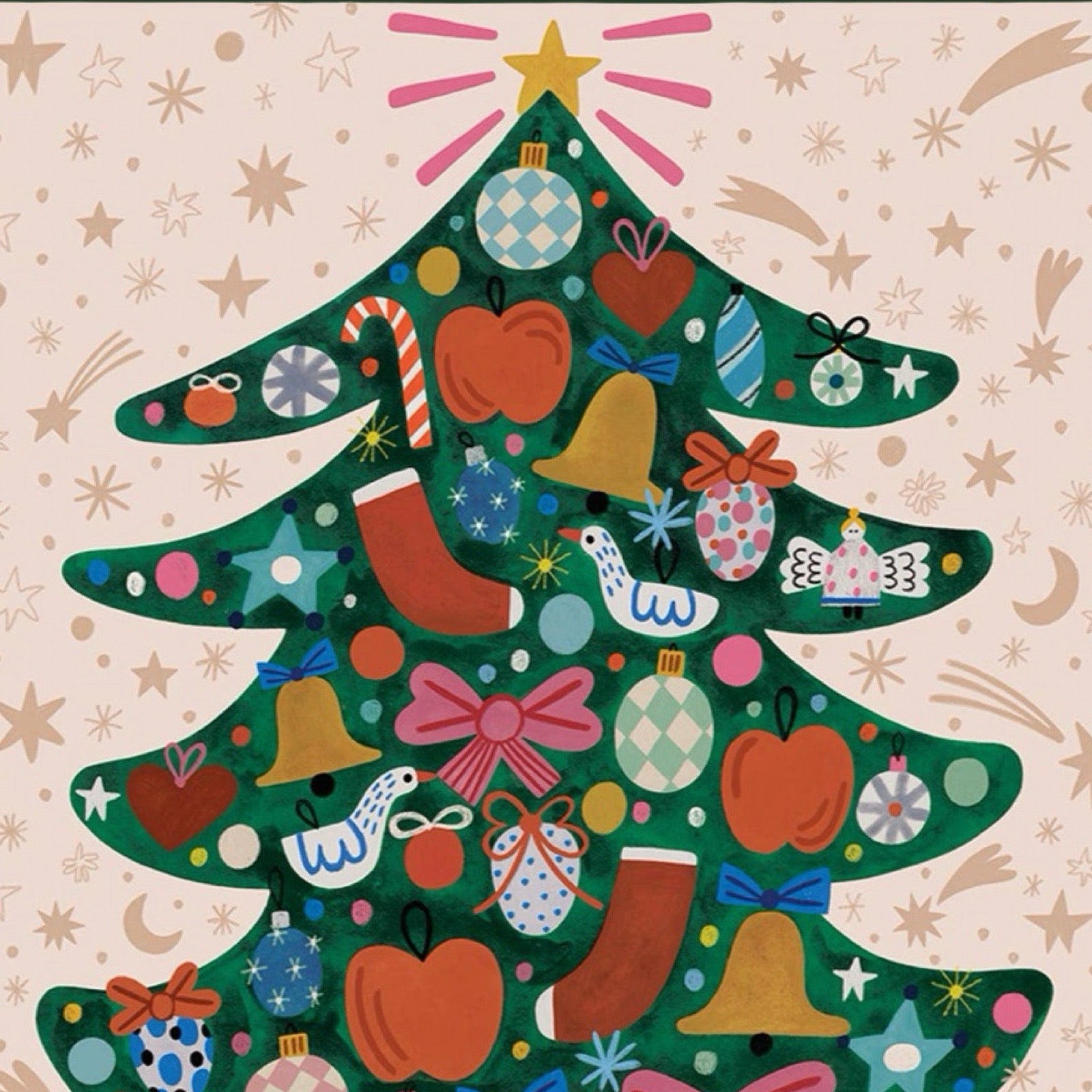 Colourful Christmas tree illustration with various ornaments on a patterned background.