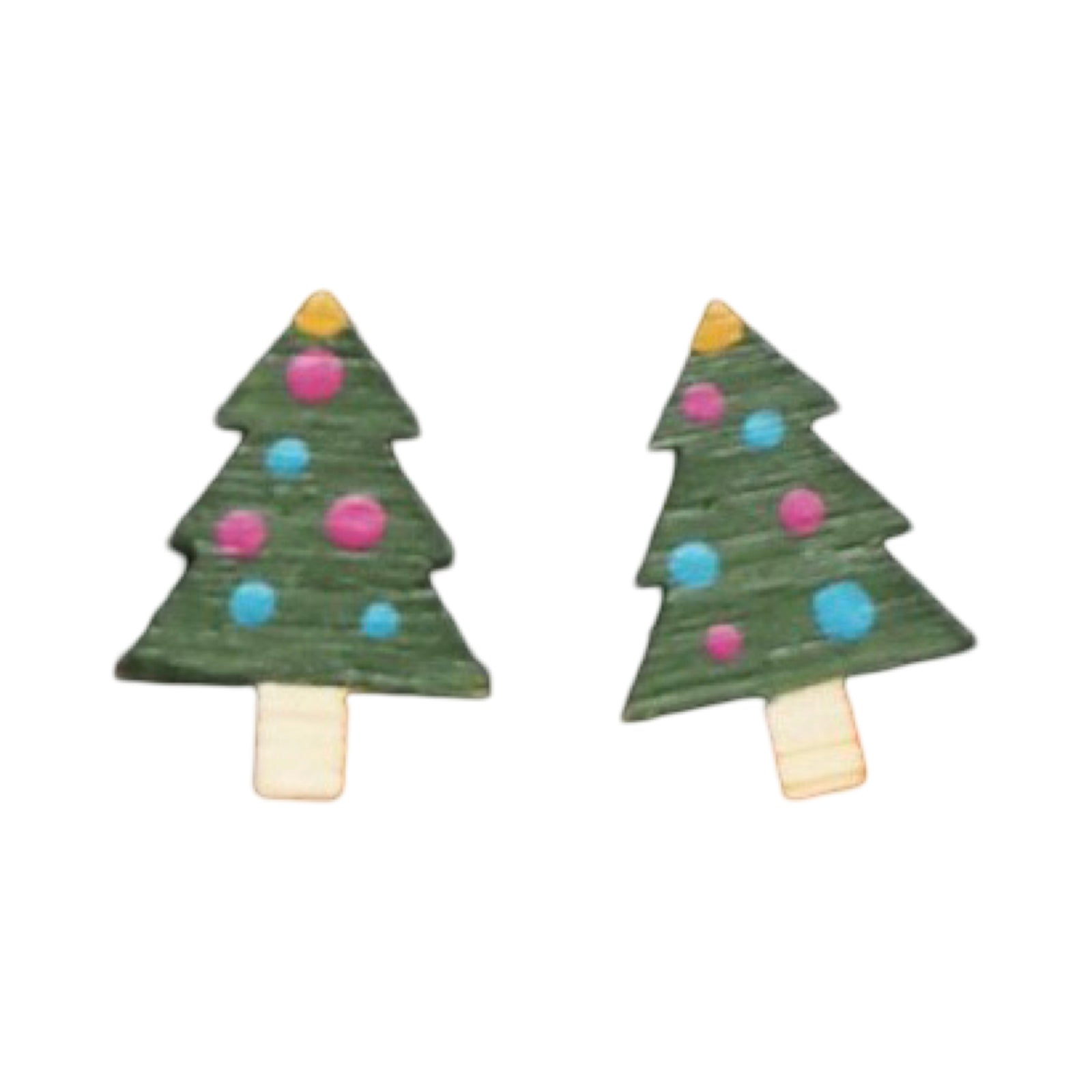 Green Christmas tree shaped stud earrings with colourful painted baubles.