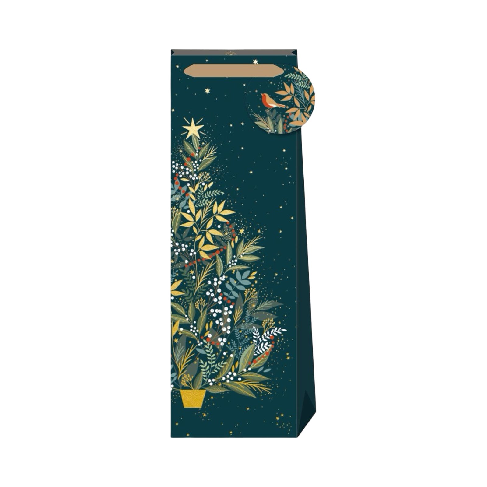 Christmas bottle bag featuring a large Christmas tree against a deep green background. Each bag comes with a gold ribbon handle and a matching gift tag.