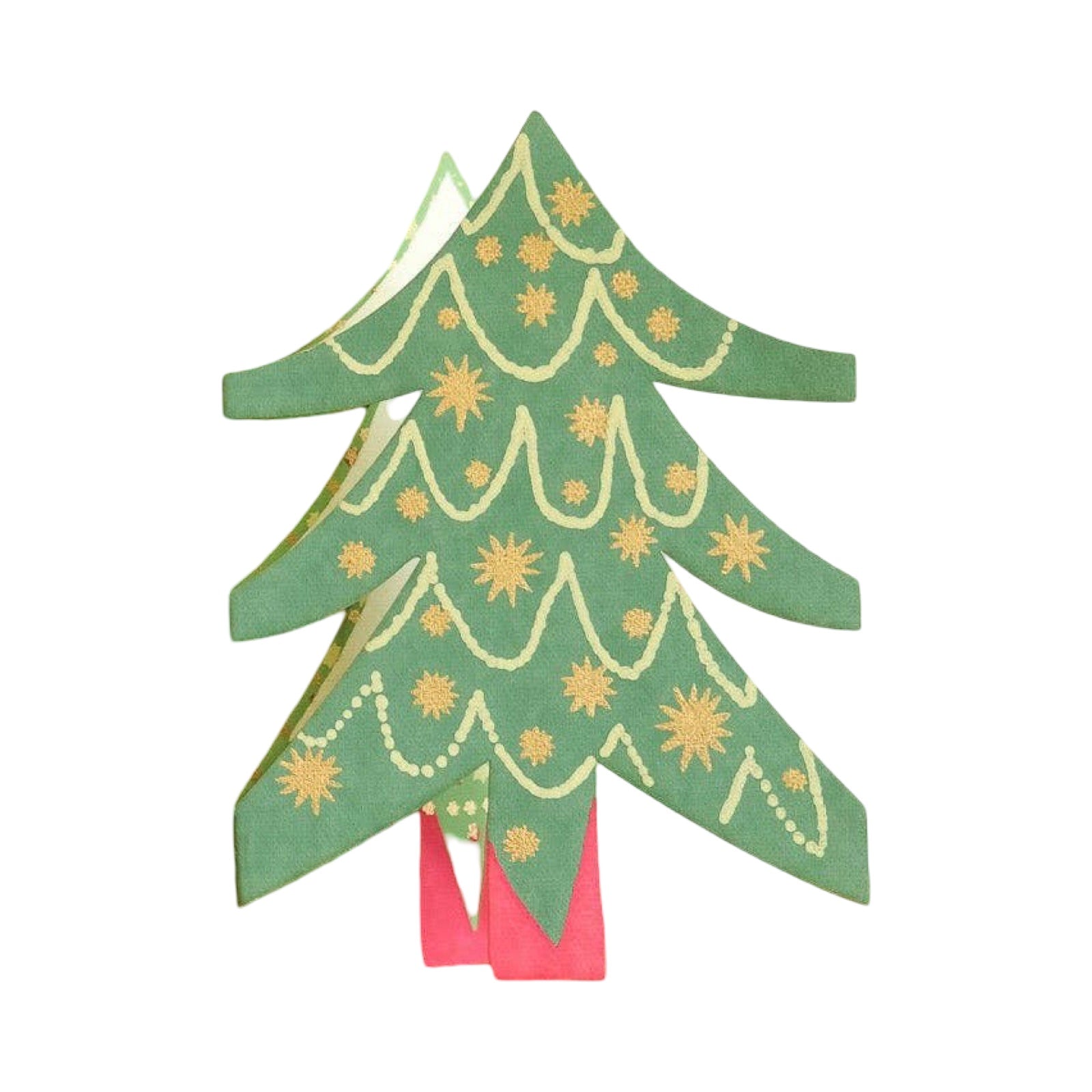 A green Christmas tree-shaped decorative item with gold star and tinsel, shown on a plain white background.
