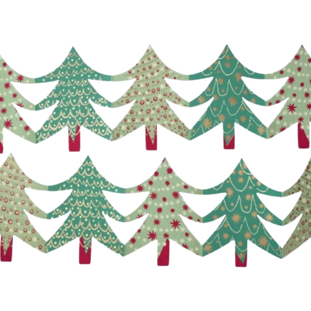 Christmas tree concertina garland with green patterned trees.