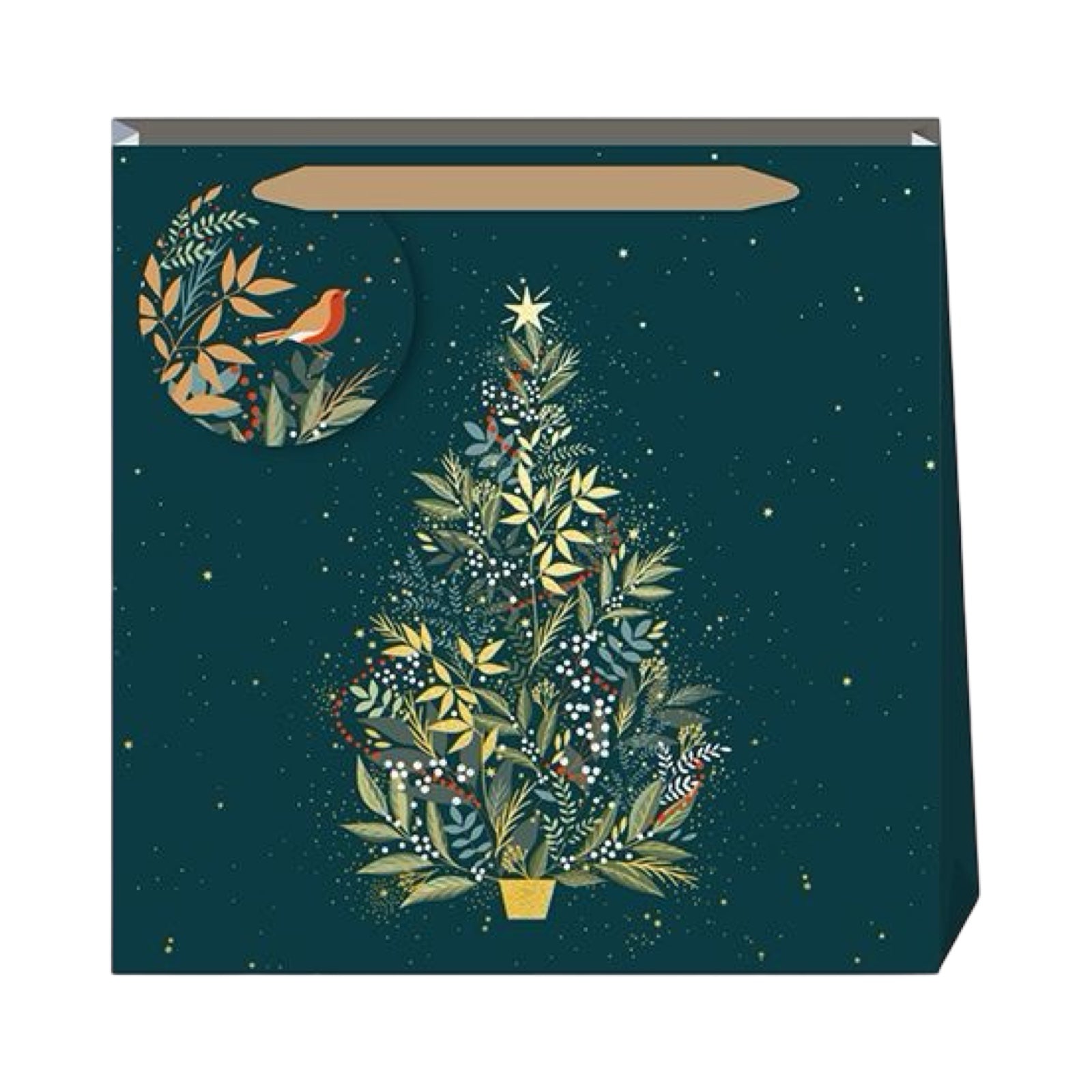 Christmas gift bag featuring a gorgeous Christmas tree against a dark green background. Each bag comes with gold ribbon handles and a matching gift tag.