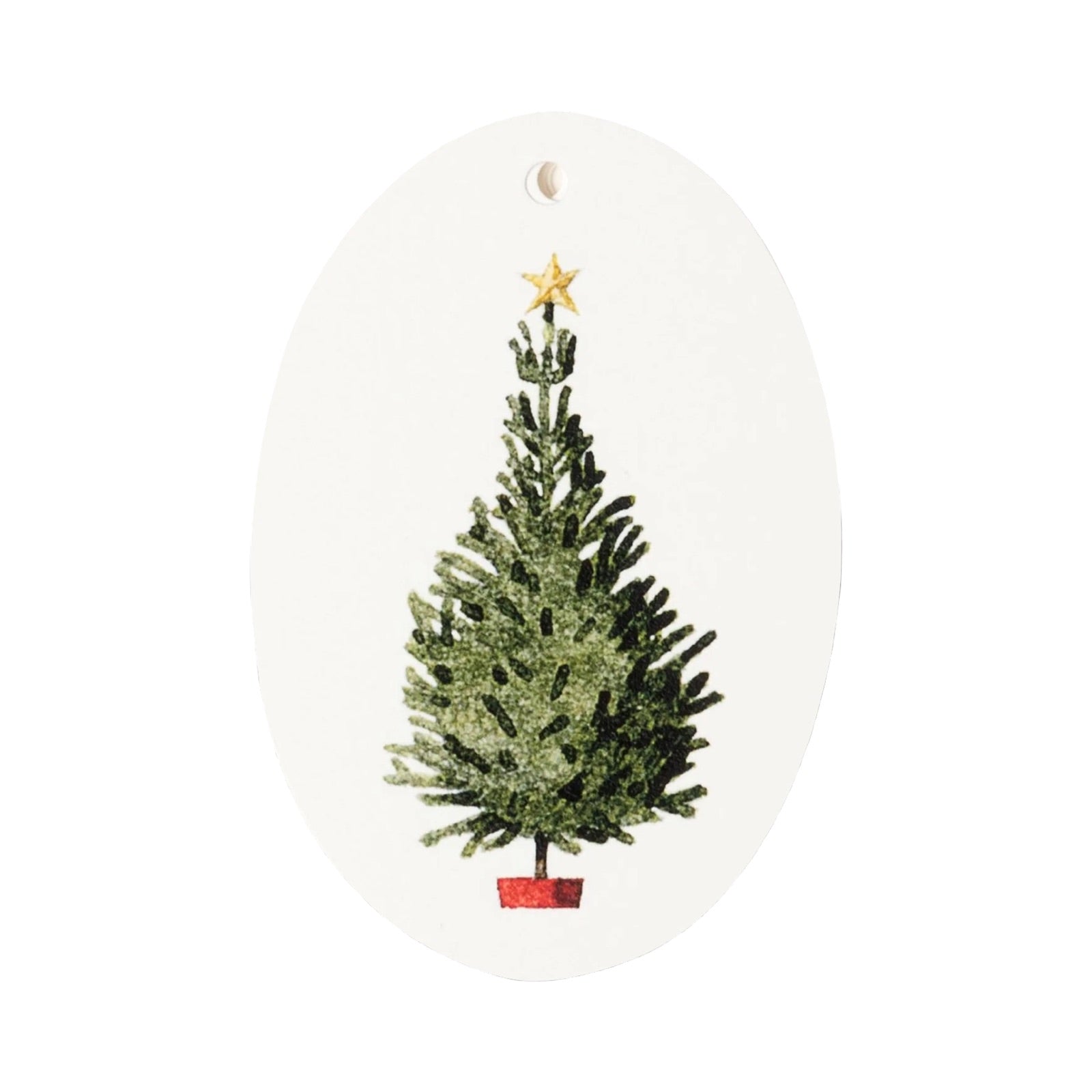 Christmas tree gift tag on a white background with black and white twine.