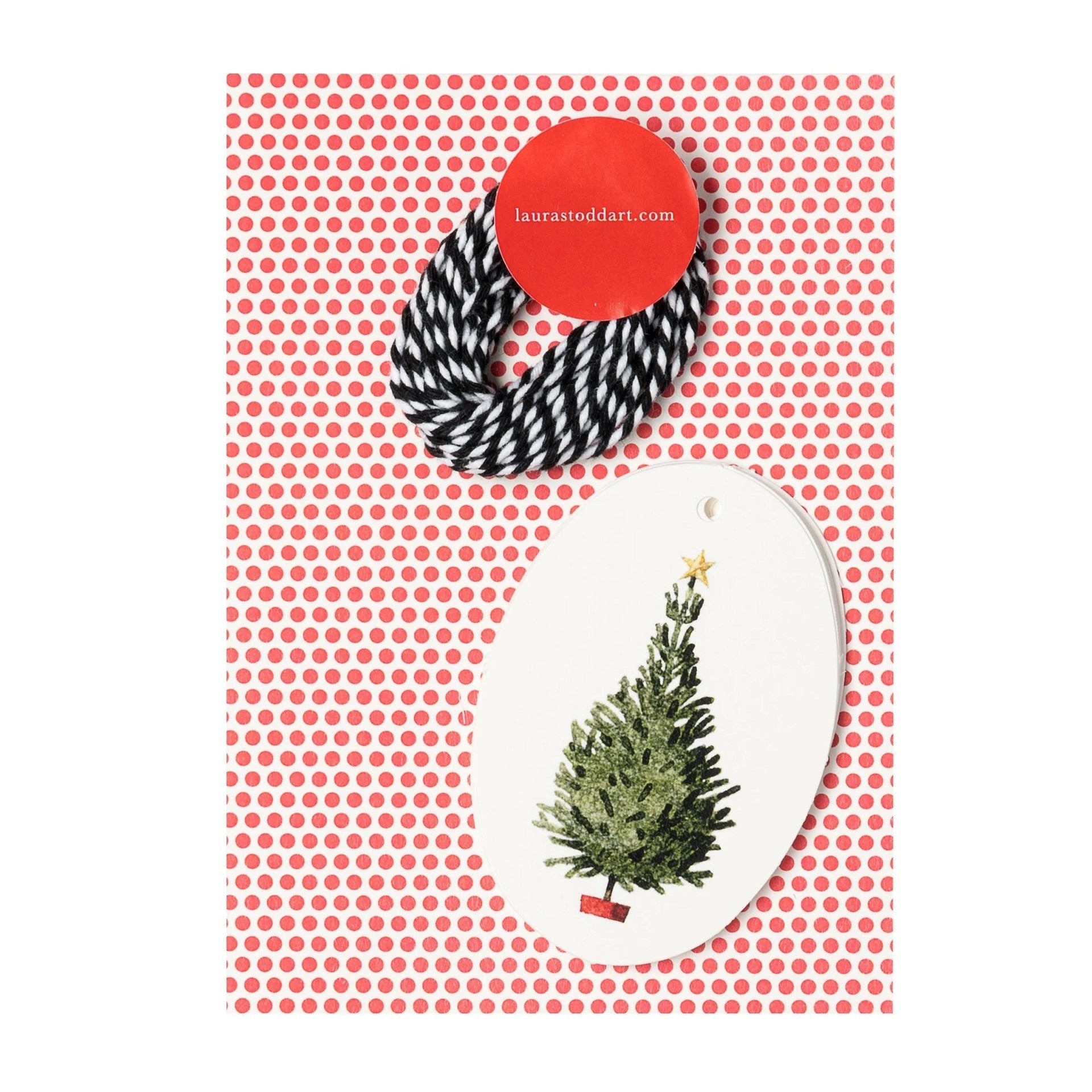 Pack of 12 illustrated Christmas tree gift tags on a white background with black and white twine.