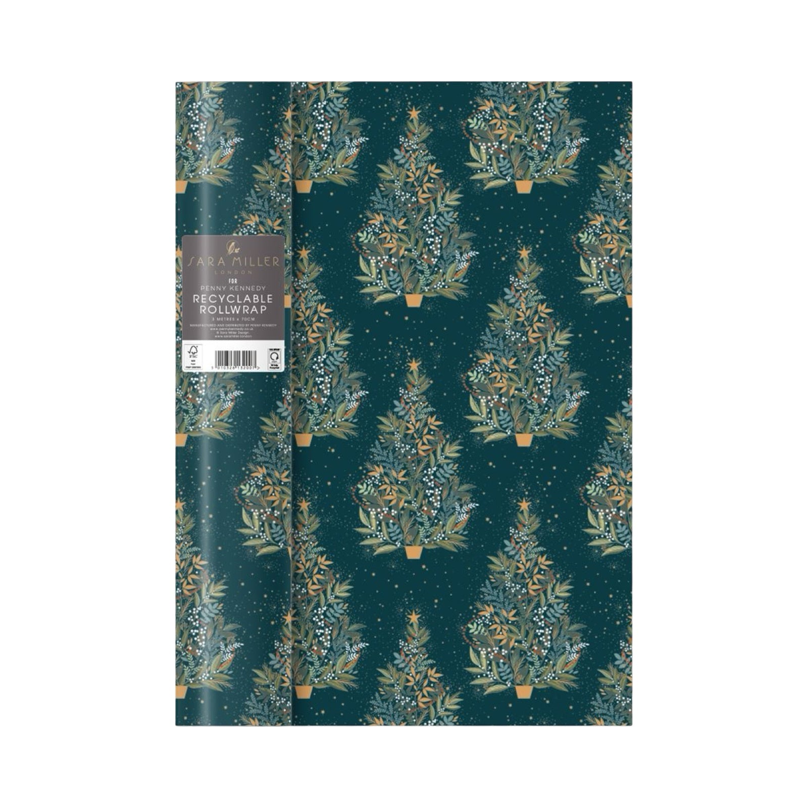 3m roll of Christmas gift wrap featuring gorgeous Christmas trees against a dark green background.