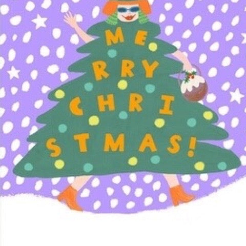 Illustration of a Christmas tree with 'Merry Christmas!' text on a purple background with white stars.