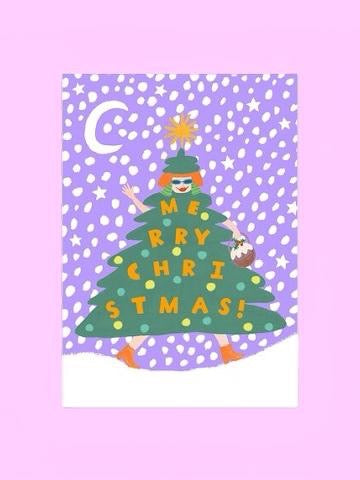 Illustration of a person in a Christmas tree costume with 'Merry Christmas!' text on a purple background.