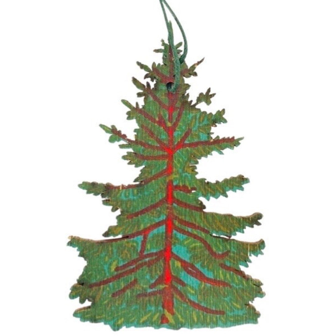 Decorative pine tree ornament with a red centre on a white background.