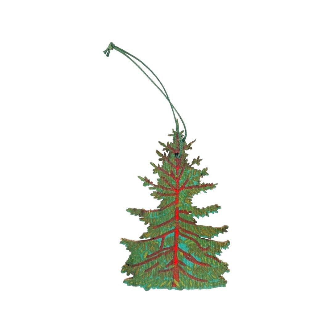 A wooden Christmas tree shaped hanging decoration.