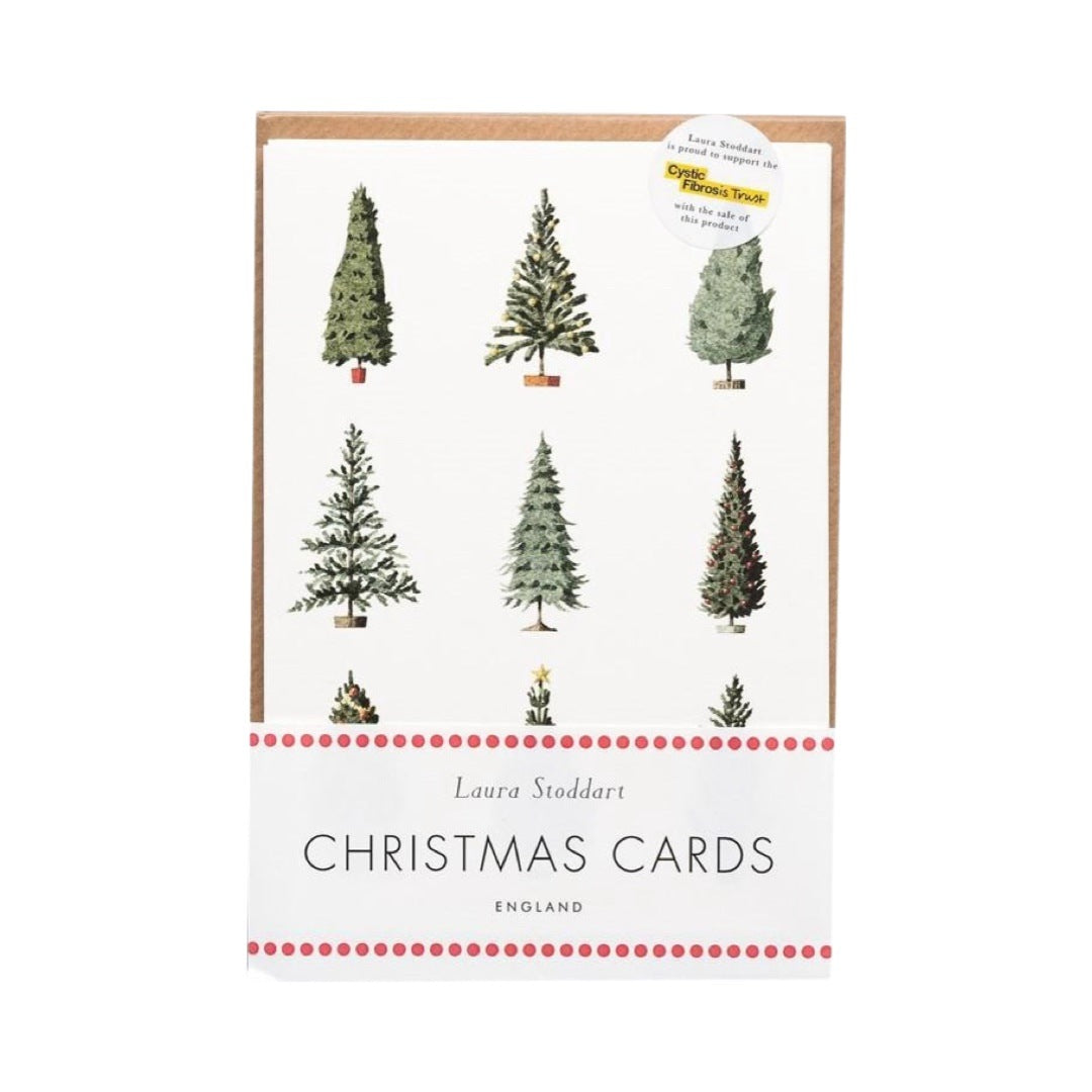 A pack of 10 Christmas cards featuring illustrated Christmas trees in various shapes on a white background, with a Laura Stoddart label.
