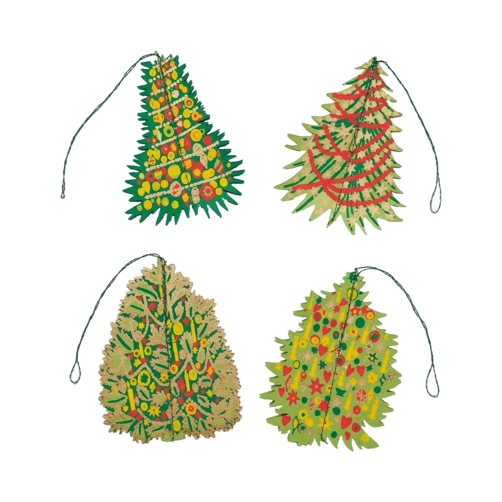 4 three dimensional Christmas tree decorations in green, red and gold patterns.