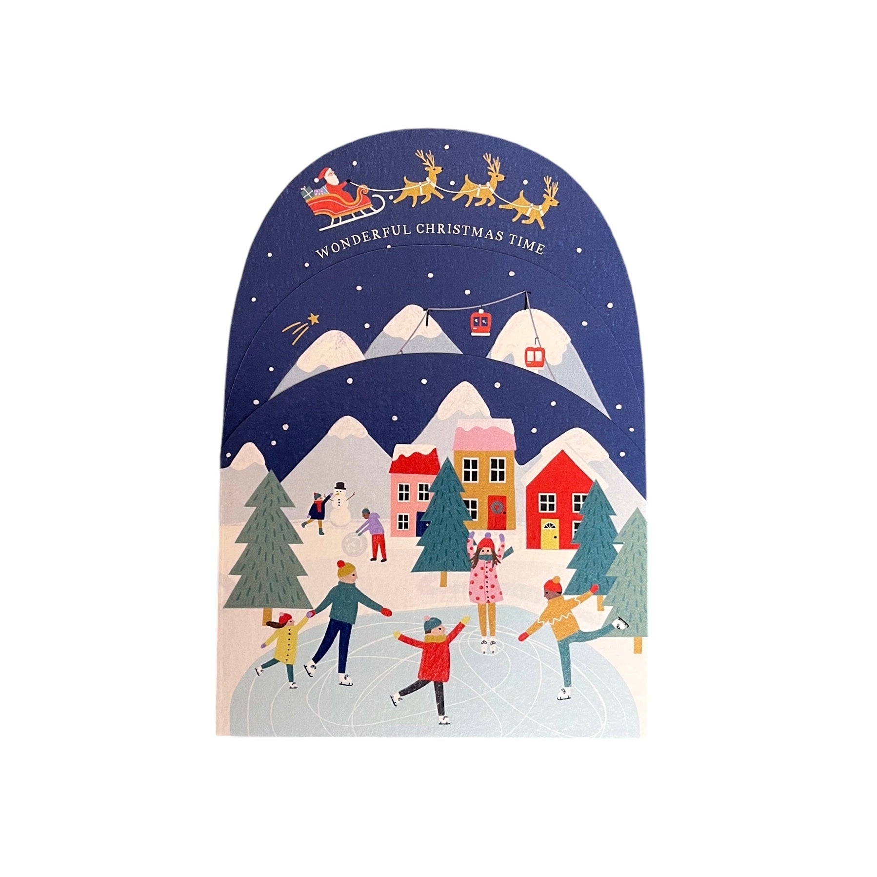 Concertina card of a snowy Christmas village, with ice skating, skiing, a choir, and Father Christmas. Text reads 'Wonderful Christmas Time'.