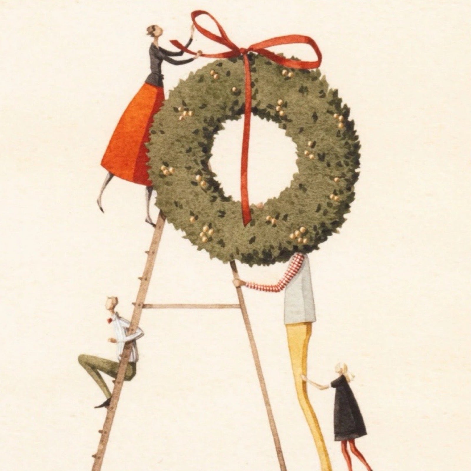 Illustration of people decorating a large Christmas wreath with lights on a beige background.