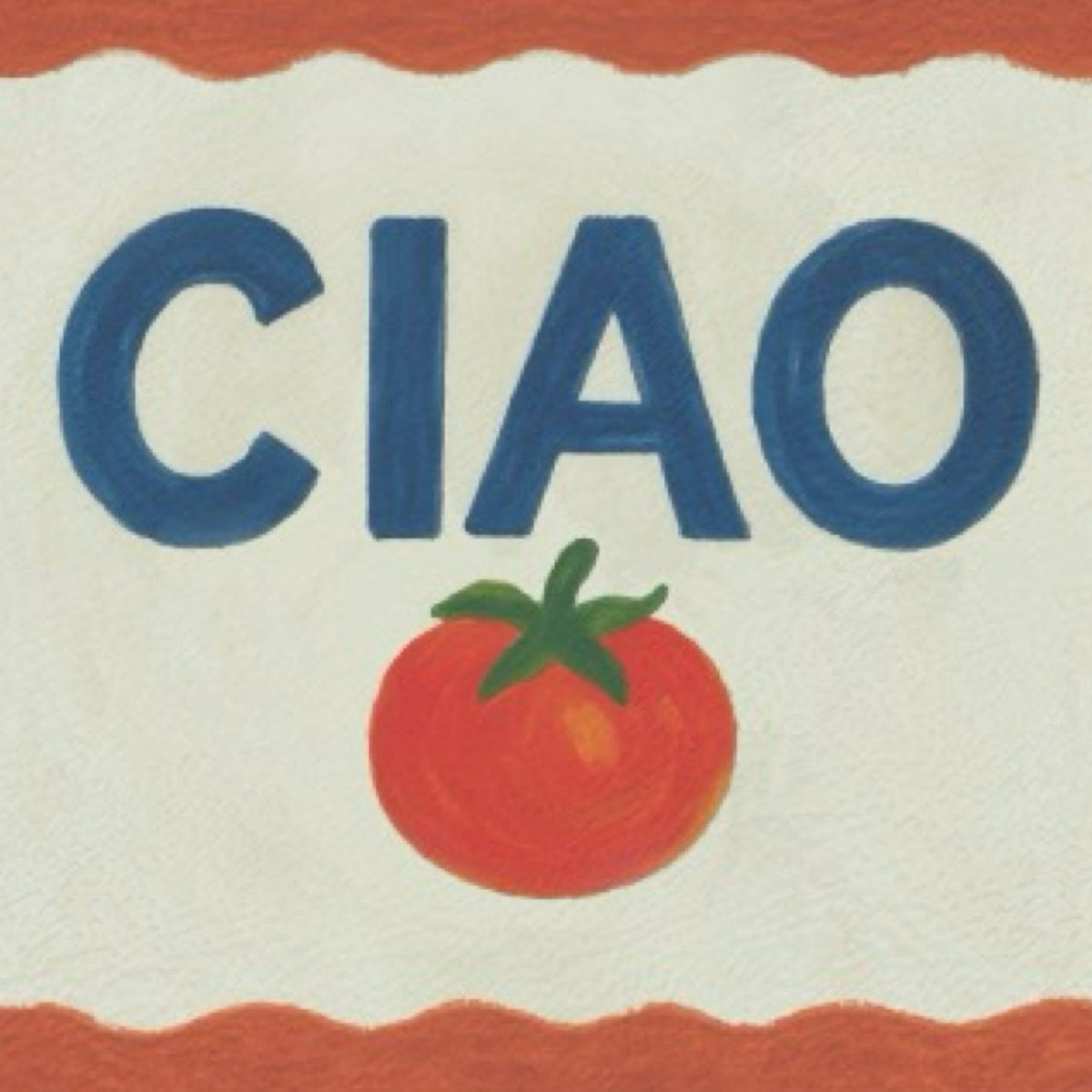 A rectangular chopping board with a red border, an off-white centre, the word 'CIAO' in large blue letters, and a red tomato with green leaves below. The item is shown on a plain white background.