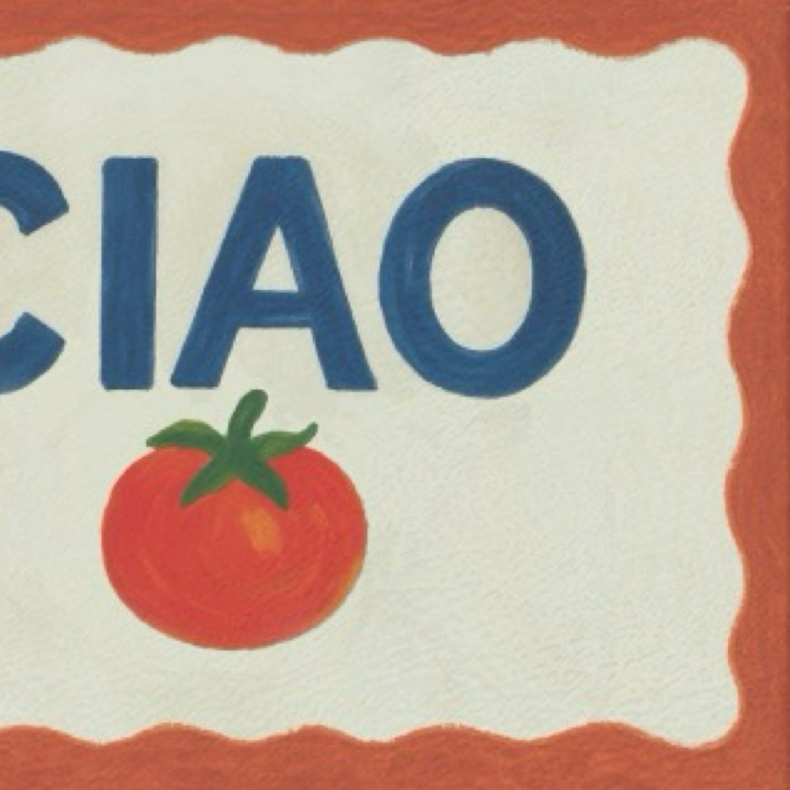 A rectangular chopping board with a red border, an off-white centre, the word 'CIAO' in large blue letters, and a red tomato with green leaves below. The item is shown on a plain white background.